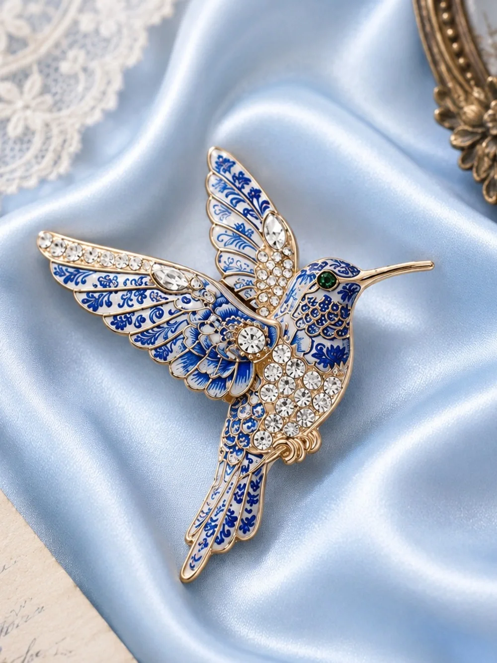 Royal Blue Hummingbird Vintage Rhinestone Brooch